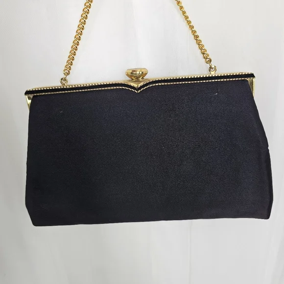 Vintage Coblentz Black Satin  Convertible Clutch Evening Bag Gold Chain Hinge - Picture 2 of 9